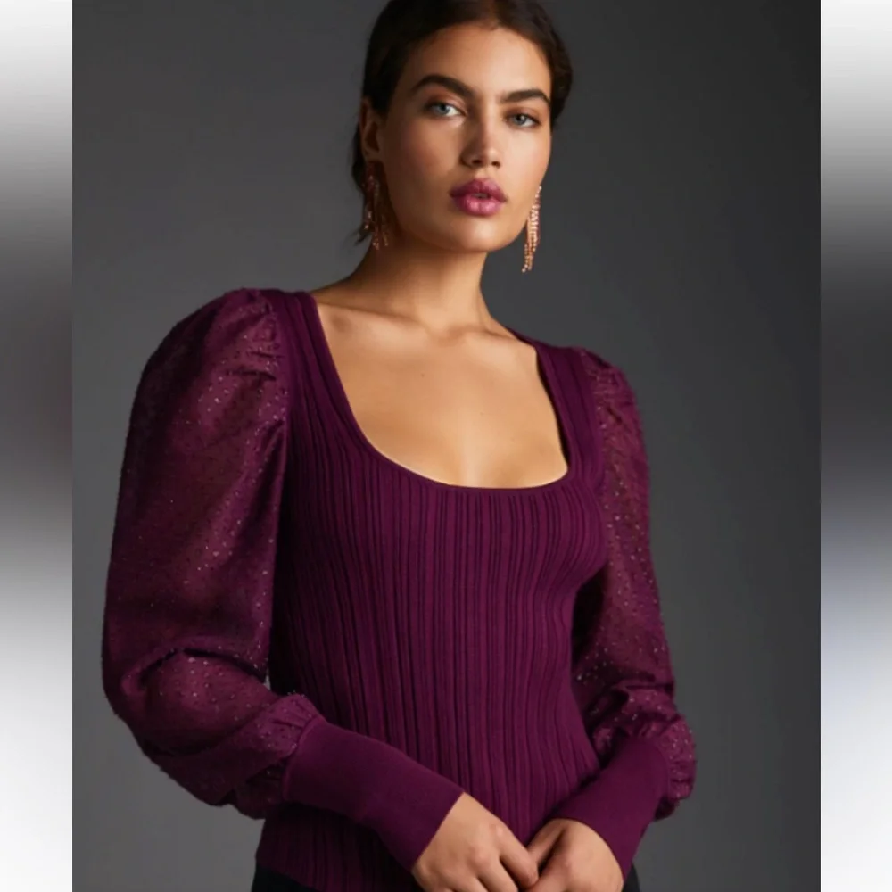 Anthropologie Puff-Sleeve Shimmer Plum Ribbed Knit Top Sheer Puff Sleeves Boho S